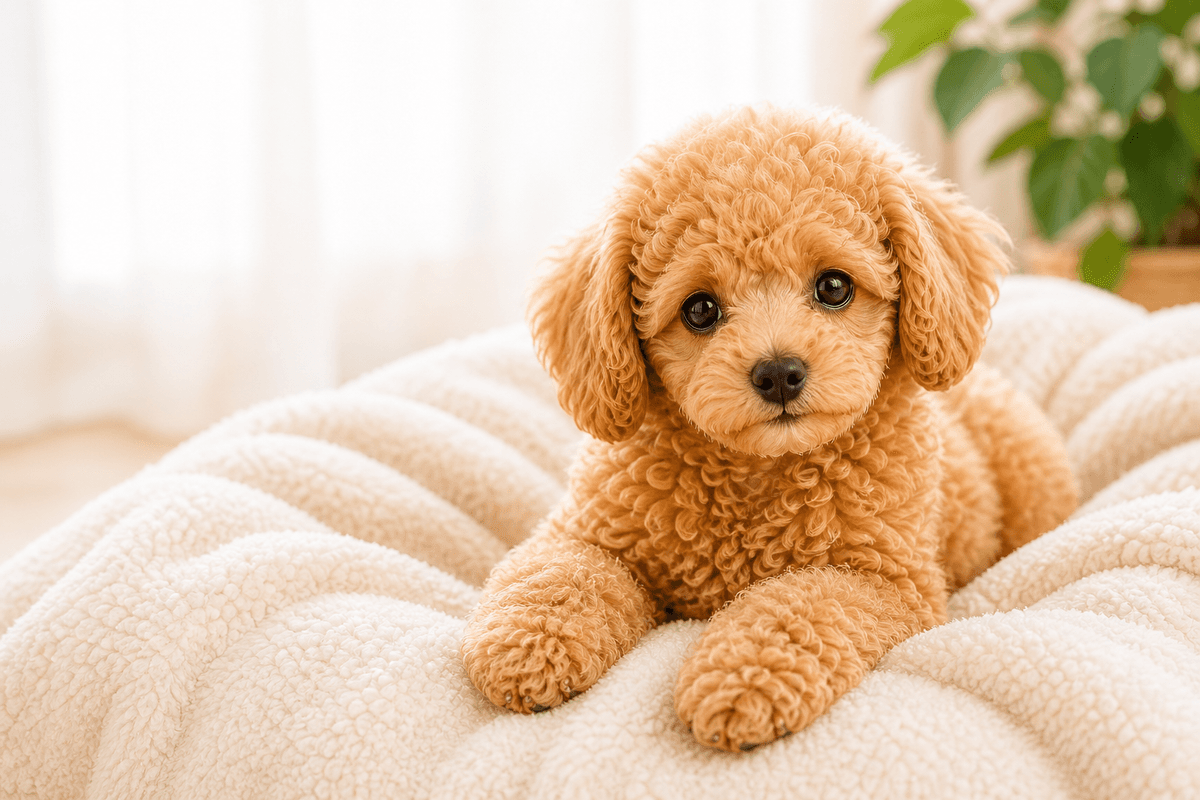 やわらかな毛布の上でこちらを見るトイプードルの子犬